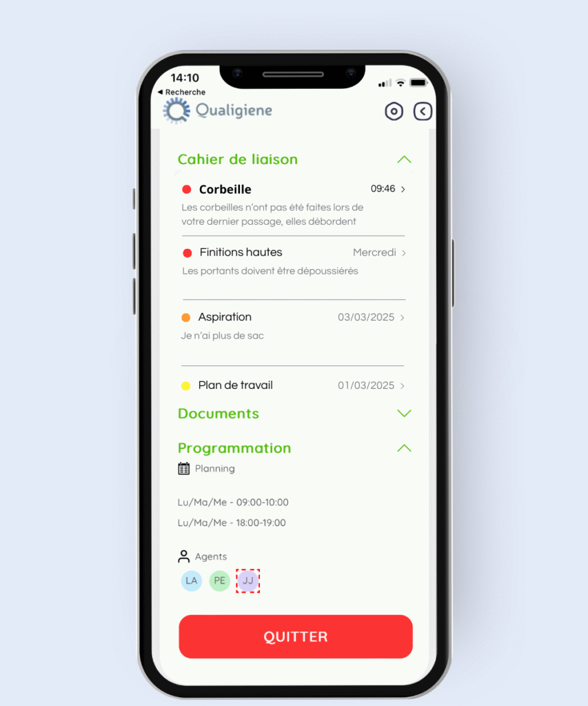 Aperçu du cahier de liaison et du planning des agents sur l'application Qualigiène Présence