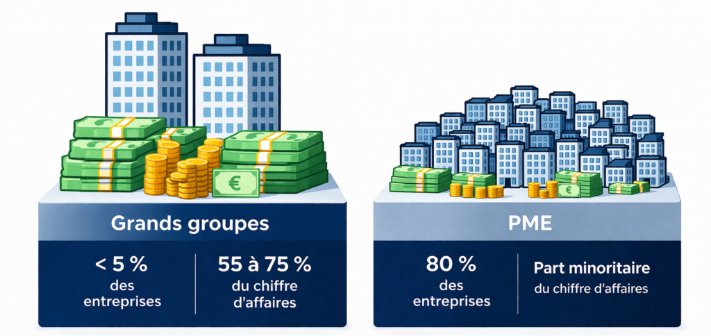 Comparaison de la part de CA chez les grands groupes du nettoyage vs PME
